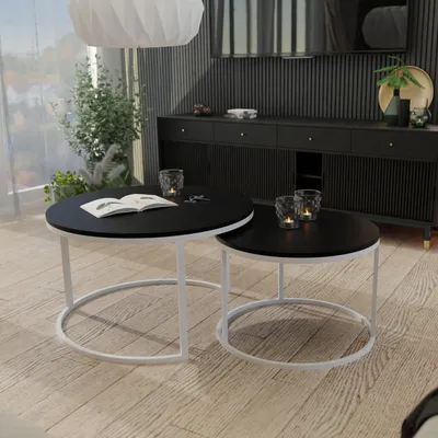 Produktbild von Idohome - Runder Couchtisch 2in1 LAVO mit Metalgestell, 70x48 cm+50x42 cm (Ø x H) Farbe: Weiß / Schwarz Matt