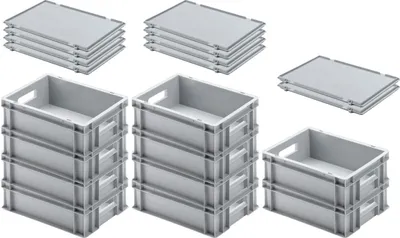 Produktbild von SuperSparSet 10x Eurobehälter mit offenem Griff und Scharnierdeckel | HxBxT 12x30x40cm | 11 Liter | Grau | Eurobox, Transportbox, Transportbehälter, Stapelbehälter