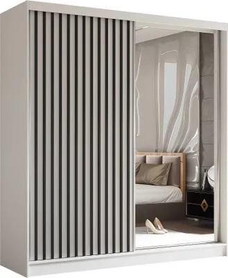 Produktbild von AGMAT Schwebetürenschrank Nevada, Kleiderschrank mit Spiegel und 2 Türen, Moderne Garderobe in Farbe: Weiß, Schrank in Größe: 200 x 216 x 61 cm