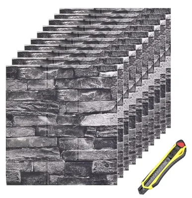 Immagine prodotto di Pannello murale 3D effetto pietra - 35 x 38,5 cm - 10 pezzi - Nero - Autoadesivo per paraschizzi cucina