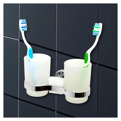Produktbild von Selbstklebender Zahnputzbecher mit Doppelbecher zur Wandmontage - Bohrfreie Installation - Zeitgemäßes Design - Halter für Zahnbürsten und Zahnpasta im Bad oder in der Dusche