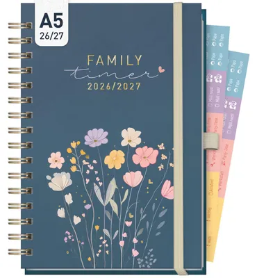 Produktbild von Family-Timer Deluxe 2026/2027 / 17 Monate / A5 / Flower Joy blue / Häfft-Verlag