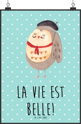 Produktbild von Mr. & Mrs. Panda Bild Eule Frankreich DIN A0 - Türkis Pastell - Geschenk, La Vie Est Belle, wanddeko, Deko, kunstdruck poster, Wandbild, drucke, Französisch