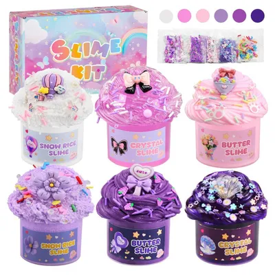 Image de Kit de pâte à modeler "Slime" : 6 pots, dégradé de couleurs violettes, effet "glace", texture "beurre" et "cristal", idéal pour les enfants et les activités créatives