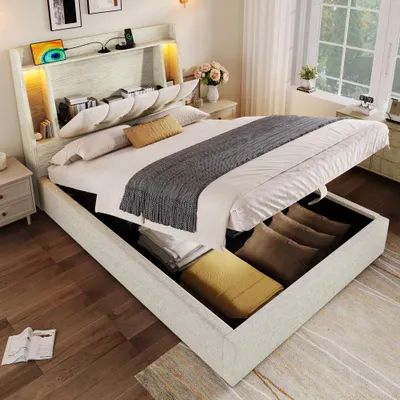 Produktbild von Polsterbett mit USB & Type-C, Flip-Top-Staufach, LED-Lichtleiste & hydraulischem Stauraum, Ohne Matratze, Leinen, 90x200cm, Beige