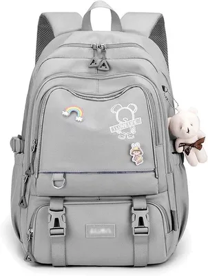 Produktbild von Schulranzen für Kinder Schulranze für Jungen Schulranze für Mädchen Reise-Rucksack mit Plüschhaken Wasserfest Nylon, Grau, L