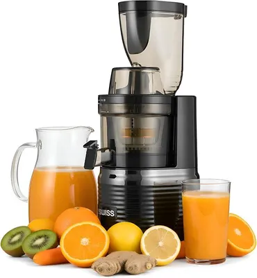 Image de Extracteur de jus électrique pour légumes et fruits, machine de jus à vitesse lente avec trémie d'alimentation - Extracteur à froid, presse-fruits, grande machine à jus XL, presse-fruits facile à nettoyer - BM202, noir