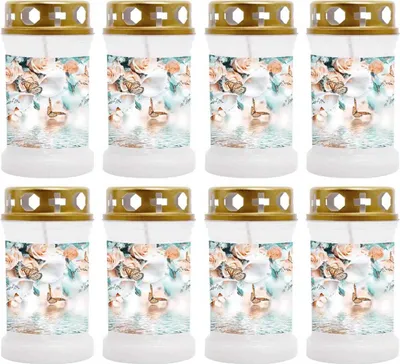 Produktbild von Grabkerze Weiß 8er Pack, Brenndauer: 40 Stunden ( je Kerze ), Motiv: Schmetterling