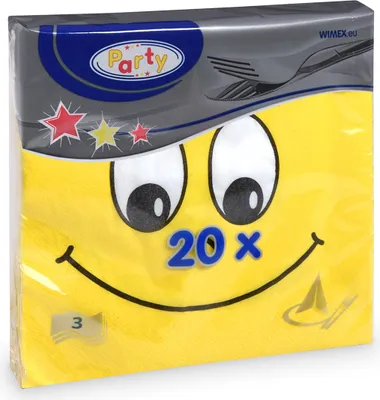 Image de 240 serviettes Smiley jaune 33 x 33 cm 3 plis pour enfants anniversaire fête (12 x 20 pièces = 1 carton)