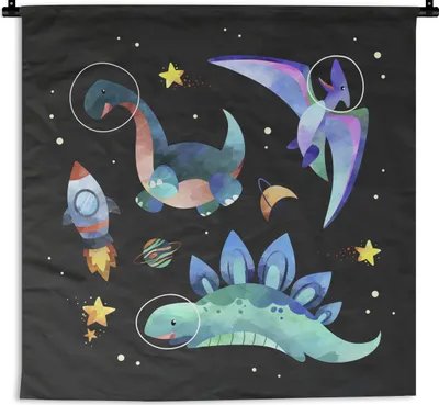 Produktbild von MuchoWow® Wandteppich Wandbehang Dinosaurier - Rakete - Kinder - Mädchen - Kinder - Kinder 150x150 cm Tapisserie Dekoration Wandtuch - Wohnaccessoires - Modernes