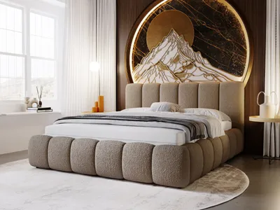 A modern bedroom with a large upholstered bed as the focal point, featuring a unique mountain-themed headboard.