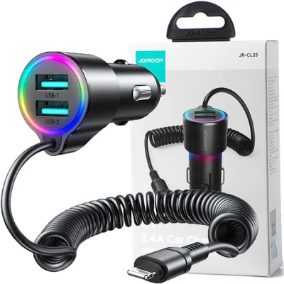 Zdjęcie produktu dla JOYROOM Car charger Joyroom JR-CL25, 2x USB + Lightning cable (black)