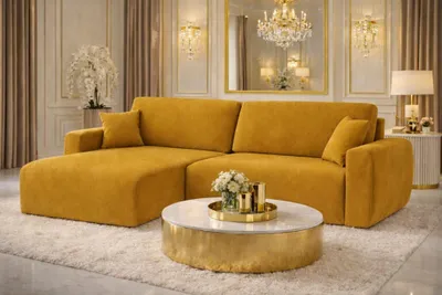Image de Canapé d'angle avec fonction couchage et coffre de rangement, canapé Ariel en velours en L, tissu Salvador, jaune, gauche