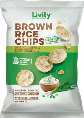Zdjęcie produktu dla LIVITY Chipsy ryżowe pełnoziarniste o smaku Nordyckiego szczypiorku ze śmietaną 60g