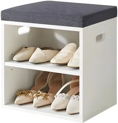 Produktbild von PolkaHome® Sitzbank mit Kissen, 2-stufig, verstellbares Schuhregal, 42 x 39 x 28 cm, weiß