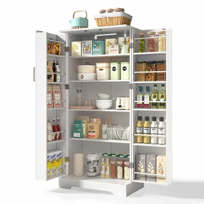 Produktbild von AIORBER Küchenschrank 60x35x128cm weiß, multifunktionaler Schrank mit LED-Sensorleuchte, höhenverstellbaren Einlegeböden und Kippschutz
