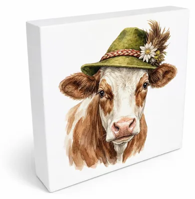 Produktbild von Trachtenhut Alm-Tiere Kuh Holzbild in 20x20 cm zum Stellen oder Aufhängen