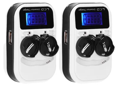 Two identical battery chargers are shown side-by-side against a white background.