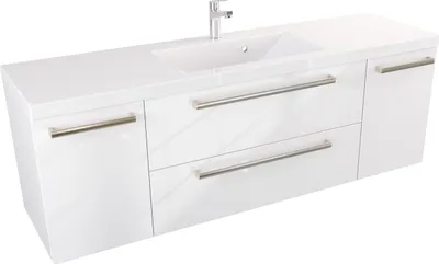 Produktbild von FURNI Waschtischunterschrank ATH 140 cm - Weiß Hochglanz - Hängender Badschrank mit Mineralguss-Waschbecken - Griffe - Vormontiert