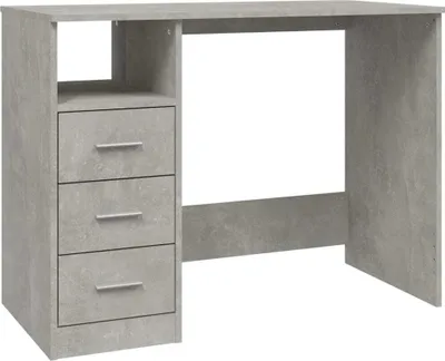 A light gray desk with three drawers on the left side and an open space on the right.