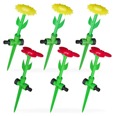 Produktbild von Relaxdays Sprinkler Blume, 6er Set, Spritzblume Garten, Rasensprenger Kinder, mit Erdspieß, HxD: 34 x 10 cm, rot/gelb