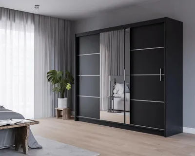 Produktbild von Krudox PRVTA Schwebetürenschrank Schwarz mit Spiegel 250 cm Kleiderschrank mit Kleiderstange