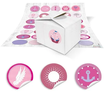Produktbild von 10 kleine weiße Mini Geschenkschachtel Box Kartons 8 x 6,5 x 5,5 + 35 pink rosa rot Taufe Kommunion-Aufkleber Sticker, Verpackung für Mitgebsel, give-aways, Kinder-Geburtstag Mitgebsel