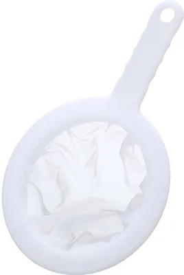 A white plastic kitchen sieve with a fine mesh net.