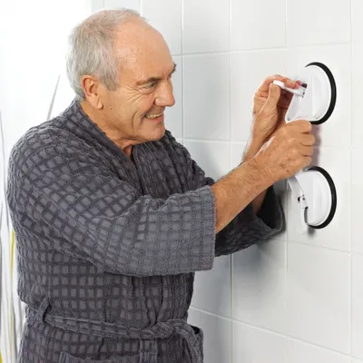 Produktbild von Ridder Haltegriff Weiß, 33 cm Länge, 7 cm Tiefe, 2 Saugnäpfe Ø 12,5 cm, ohne Bohren, bis 100 kg Belastbarkeit, ergonomischer Griff, Fingermulden, reisetauglich, ABS TPE SBR, Modell A0150201