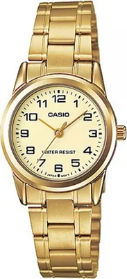 A close-up studio shot of a gold Casio watch.