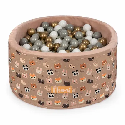 Produktbild von Flumi Bällebad Baby - Bällepool Kinder 90x40cm mit 200 Bällebad Bälle ∅ 7cm in EU hergestellt - Beige/Teddybären + Goldene Bälle