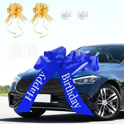 Productafbeelding van Grote strik voor auto - Cadeaustrik - XL 58,4 cm - Grote blauwe strik - Enorme autostrik met goud - Happy Birthday