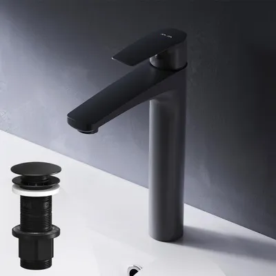 Produktbild von AM.PM Waschtischarmatur Hoch Schwarz Wasserhahn Bad Waschbecken Armatur Einhebelmischer Badarmatur Mischbatterie für Badezimmer Aufsatzwaschbecken