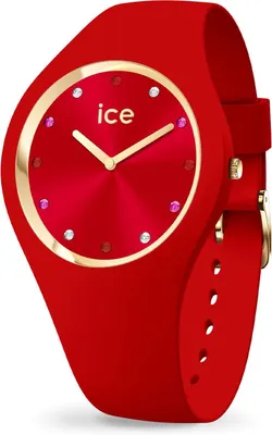 A red Ice-Watch analog watch with gold accents and diamond-like markers is shown against a white background.