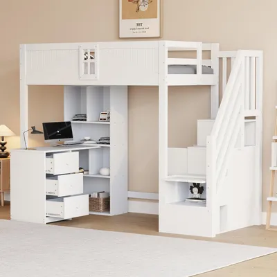 Image de okwish Lit mezzanine 90 x 200 cm en bois, lit avec barrière de sécurité et fenêtre, avec espaces de rangement, bureau et tiroirs, lit pour jeunes avec échelle de sécurité, sans matelas – blanc