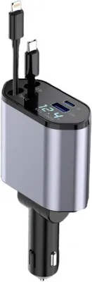 Obrázek produktu pro Autonabíječka s funkcí 4 v 1, rychlonabíjení 120 W, USB-C a USB-A, 24/12 V, pro iPhone, Galaxy a Android.