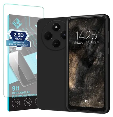 Produktbild von Hülle für Xiaomi Redmi 14C mit 9H Displayglas Displayschutz Case Cover Bumper Smartphone Softgrip Schutzhülle Farbe: Schwarz