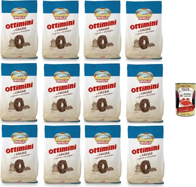 Produktbild von Divelle Ottimini Biscotti al cacao con gocce di cioccolato Ottimini Kakaokekse mit Schokoladenstückchen 12x400+Italian Gourmet polpa 400g