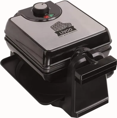 A black and silver Livoo waffle maker is shown against a white background.