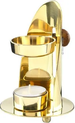 Produktbild von Räucherstövchen höhenverstellbar mit Holzgriff Höhe 12 cm mit 2. Sieb und Teelicht in Messing Gold