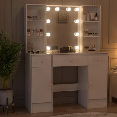 Immagine prodotto di Tavolino da trucco con specchio a LED - Bianco - 3 cassetti - Legno