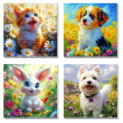 Produktbild von Malen nach Zahlen Set - 4-teilig mit Rahmen - DIY Acrylmalerei für Erwachsene und Kinder - Niedliche Tiermotive auf Leinwand