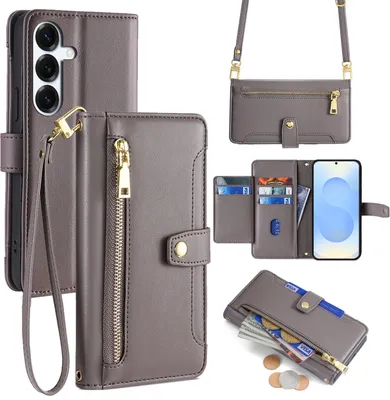 Produktbild von Handykette Samsung Hülle mit Band Handyhülle Kartenfächer Kunstleder Umhängetasche Galaxy S25+ in Grau