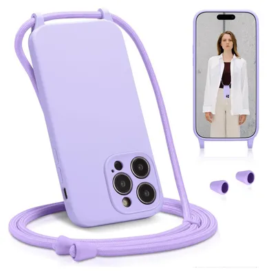A purple iPhone case with a lanyard is shown, alongside a model wearing a similar case.