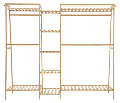Image de Porte-manteaux en bambou - Portemanteau avec tringle et étagères - Design moderne - Robuste - Multifonctionnel - Pour la chambre à coucher et la buanderie
