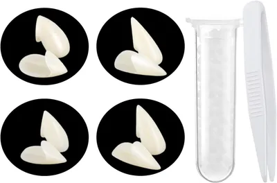Produktbild von 4 Paar Vampirzähne mit selbstklebenden Zahnkapseln - 4 Größen Vampirzähne für Erwachsene (Universalgröße) - 13 mm - 15 mm