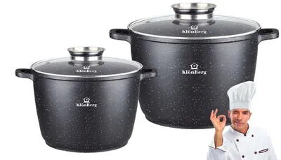 Two black pots with glass lids and a chef giving a thumbs up.