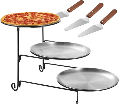 Produktbild von 4-teiliges Servierset mit 2-stöckigem Dessertständer, Pizza-Pfannen und Kuchenspatel für Vorspeisen, Kuchen, die Präsentation von Pizza und elegante Party-Servierutensilien