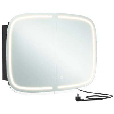 A modern illuminated bathroom mirror cabinet.