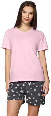 Produktbild von Merry Style Damen Schlafanzug Zweiteiler Pyjama Kurz aus Baumwolle Pyjama Set MS10-177 (Graphite Sterne/Rosa, XL)